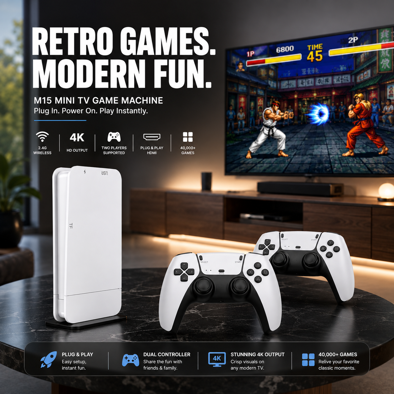 A white M15 mini TV game machine shown on a dark tabletop with two white wireless controllers in front, alongside a TV displaying a fighting game. Large marketing text reads 'RETRO GAMES.