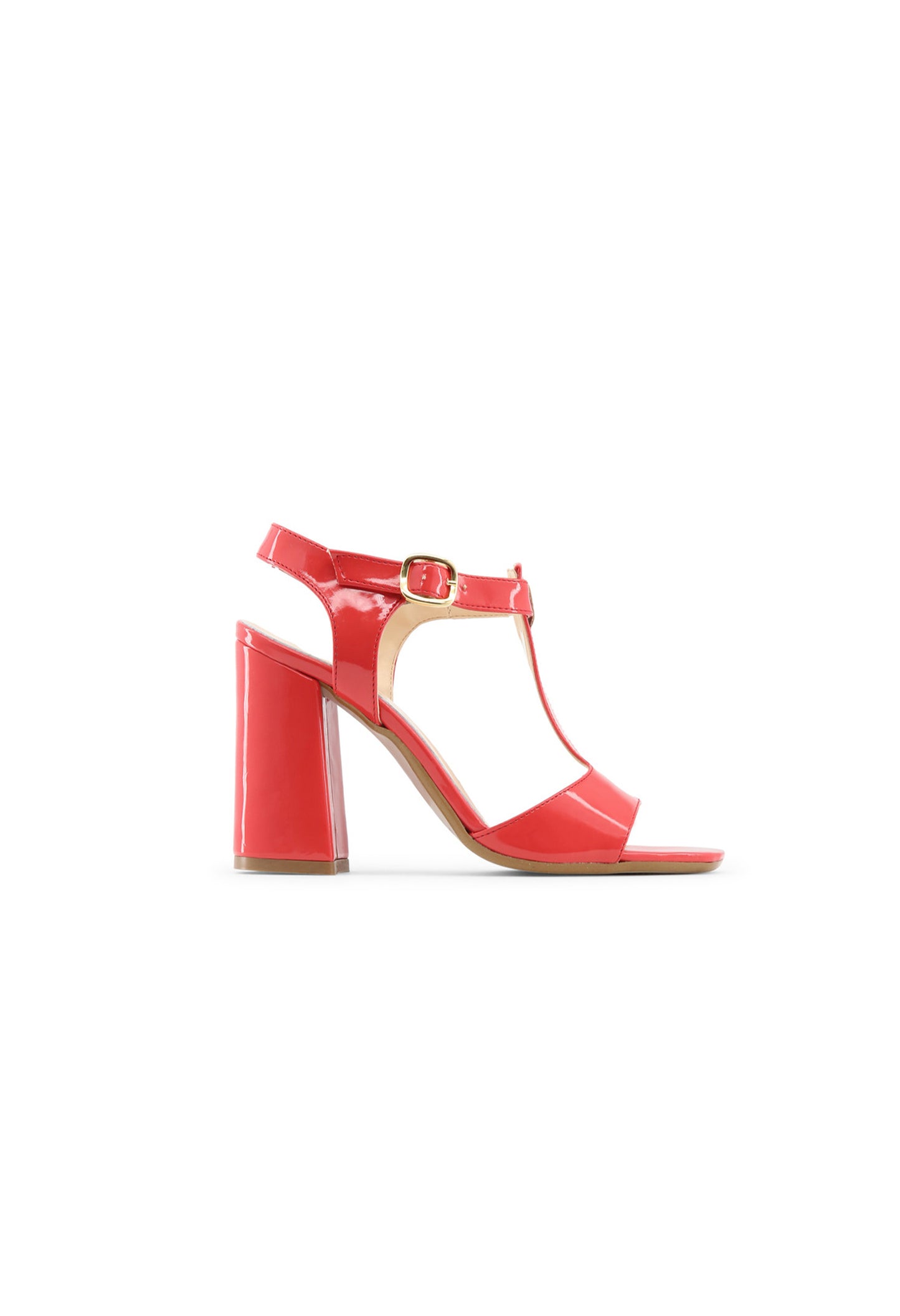 Side angle of the ARIANNA red patent block heel sandals highlighting the glossy finish.