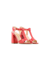 Three-quarter angle of the red ARIANNA Italian-made sandals with block heel and strap.