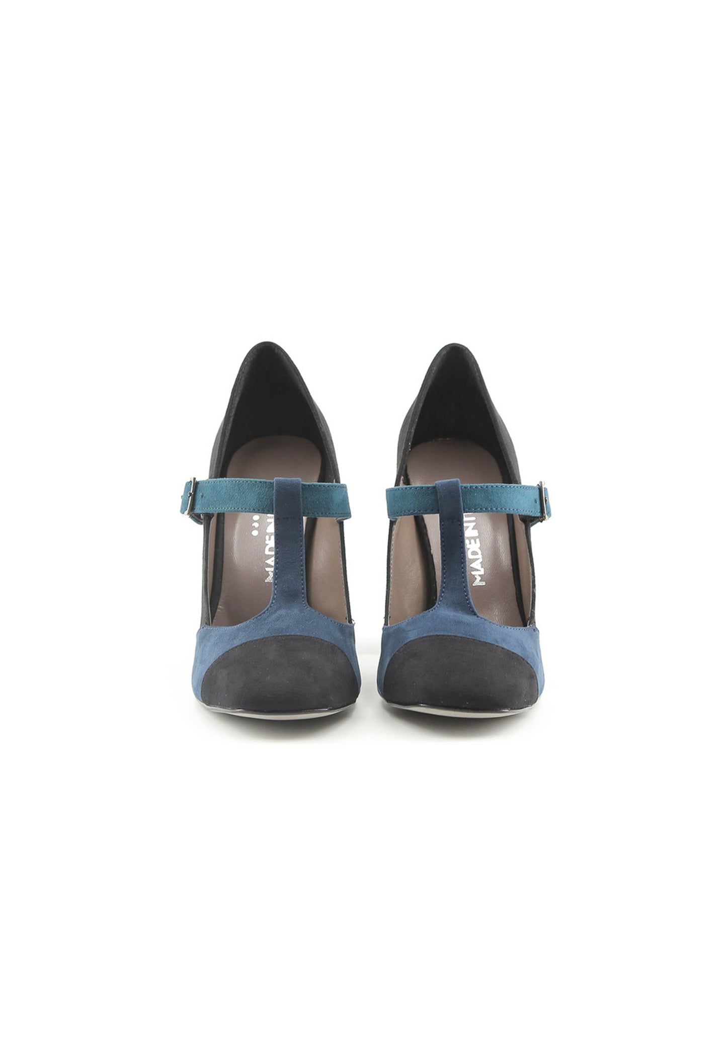 Full front view of the Made in Italia GIORGIA two-tone block heel courts with teal buckle strap.