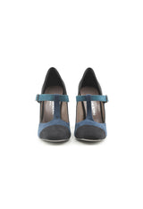 Full front view of the Made in Italia GIORGIA two-tone block heel courts with teal buckle strap.