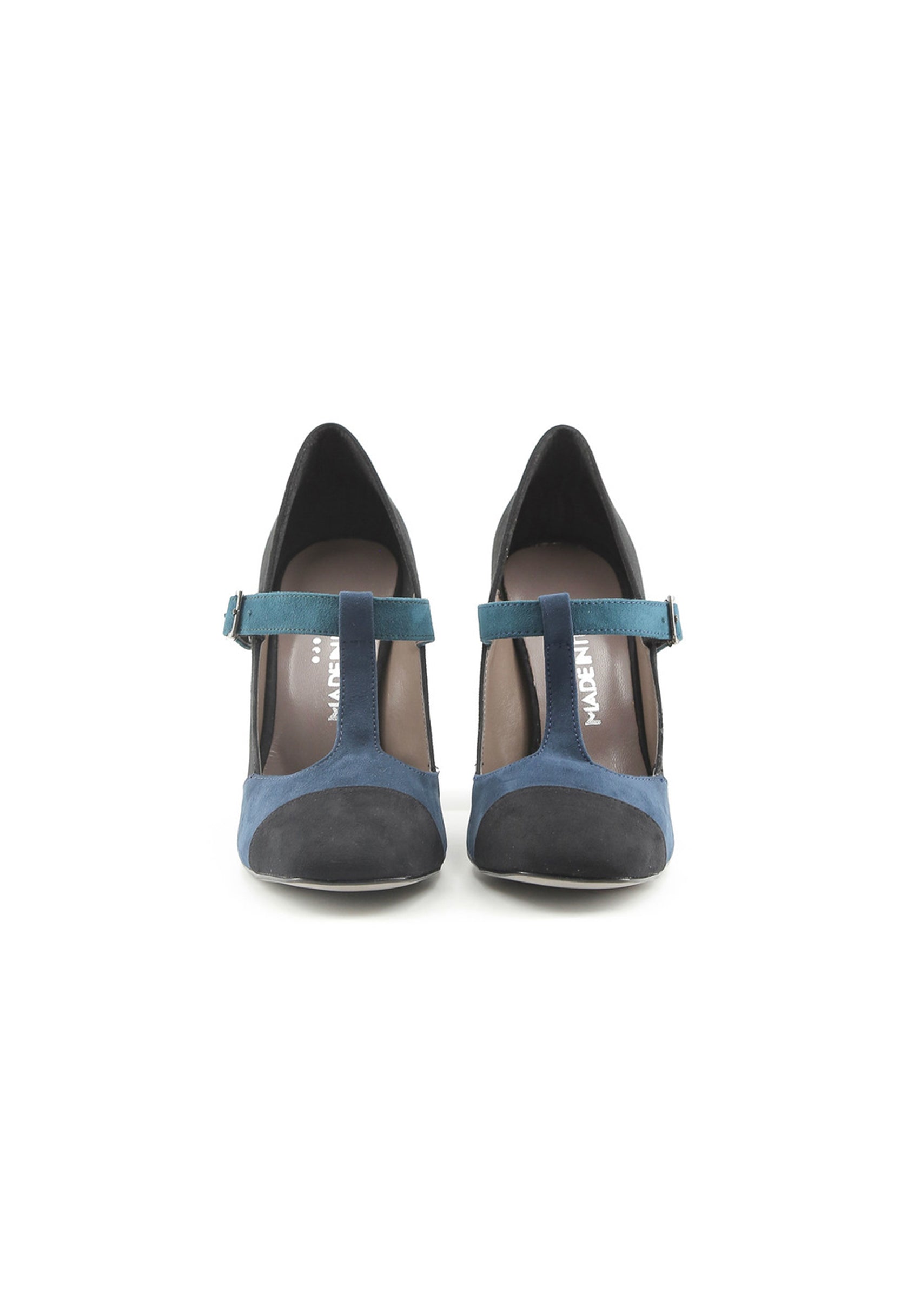 Full front view of the Made in Italia GIORGIA two-tone block heel courts with teal buckle strap.
