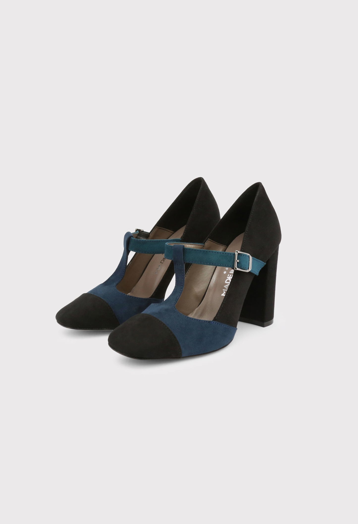 Front and back paired view of the Made in Italia GIORGIA block heel courts with teal strap.