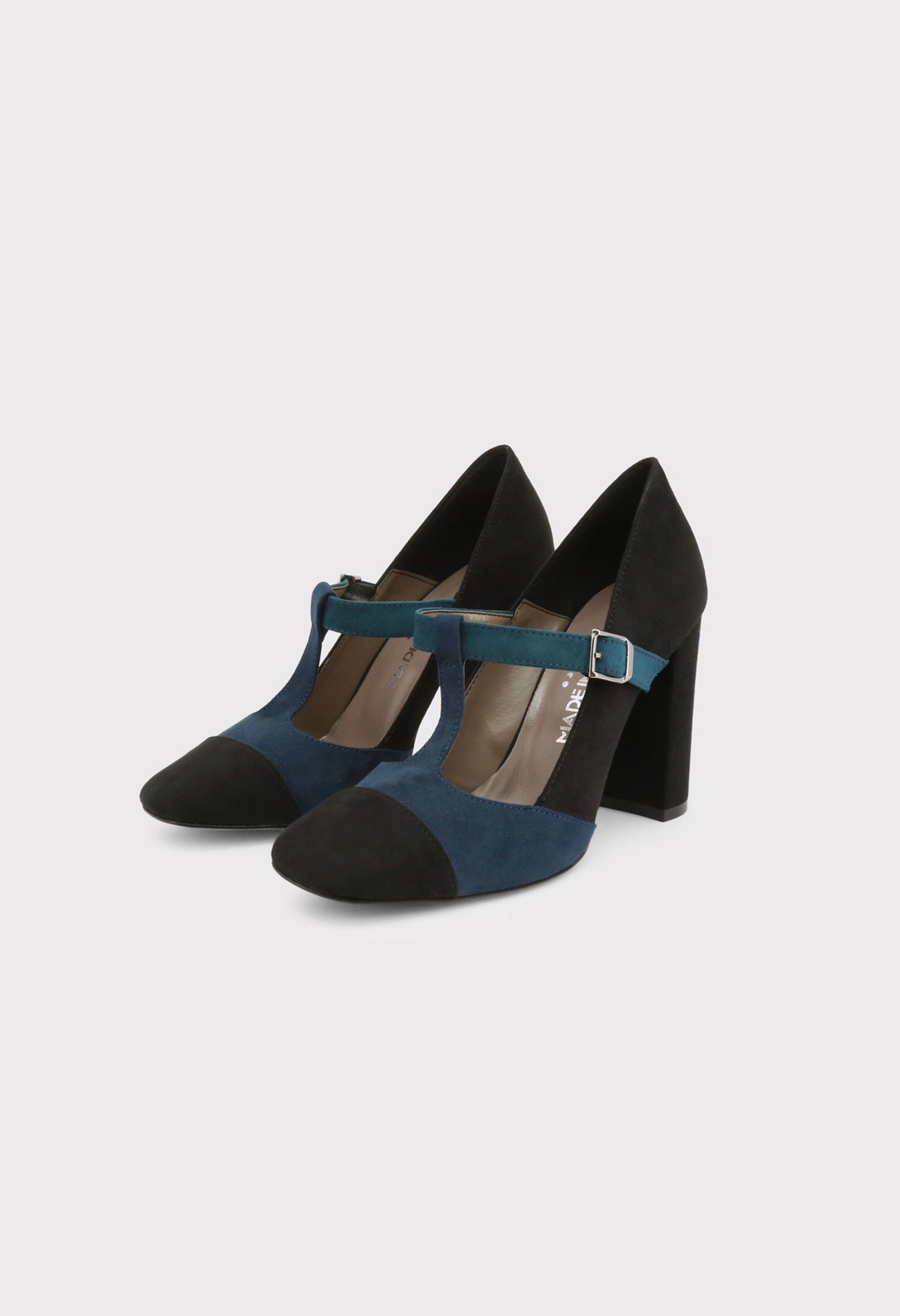 Front and back paired view of the Made in Italia GIORGIA block heel courts with teal strap.
