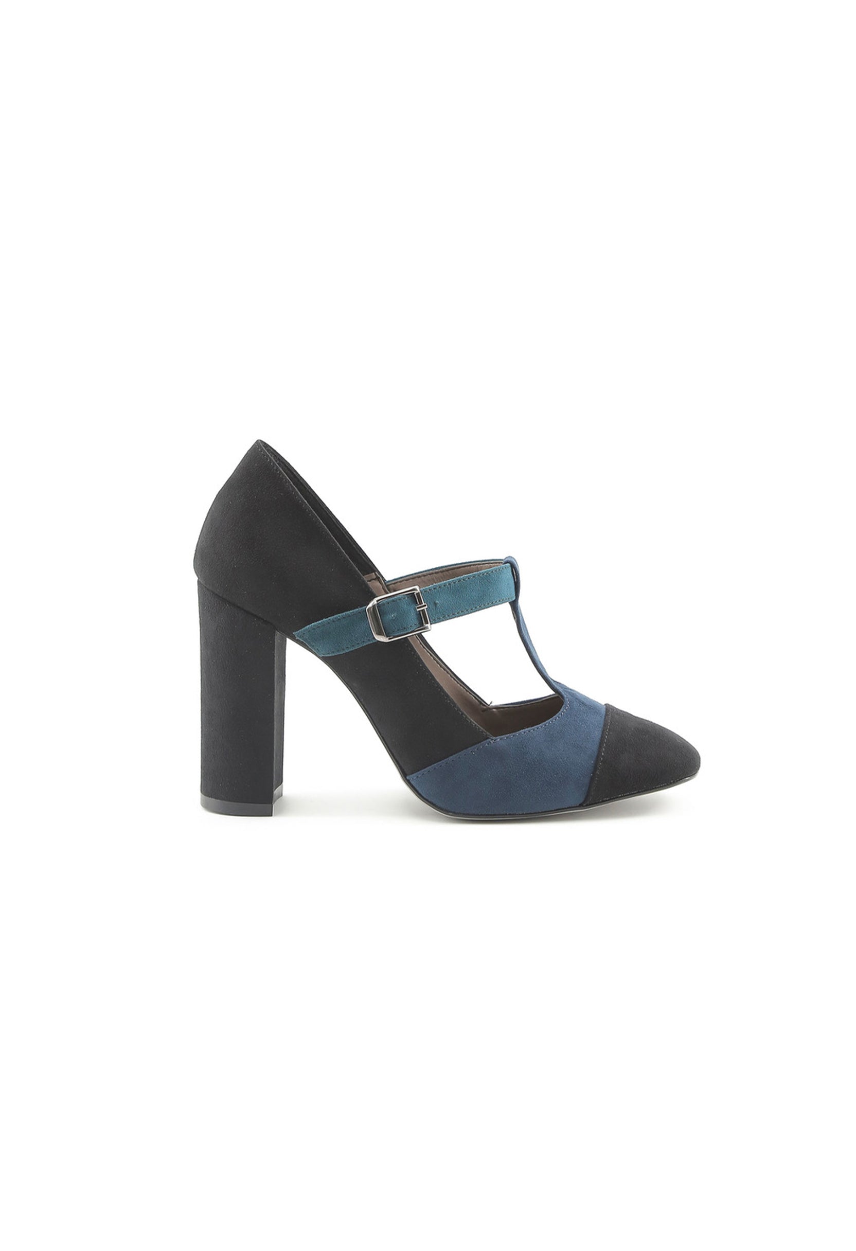 Side angle of the GIORGIA two-tone courts highlighting the block heel and strap detail.