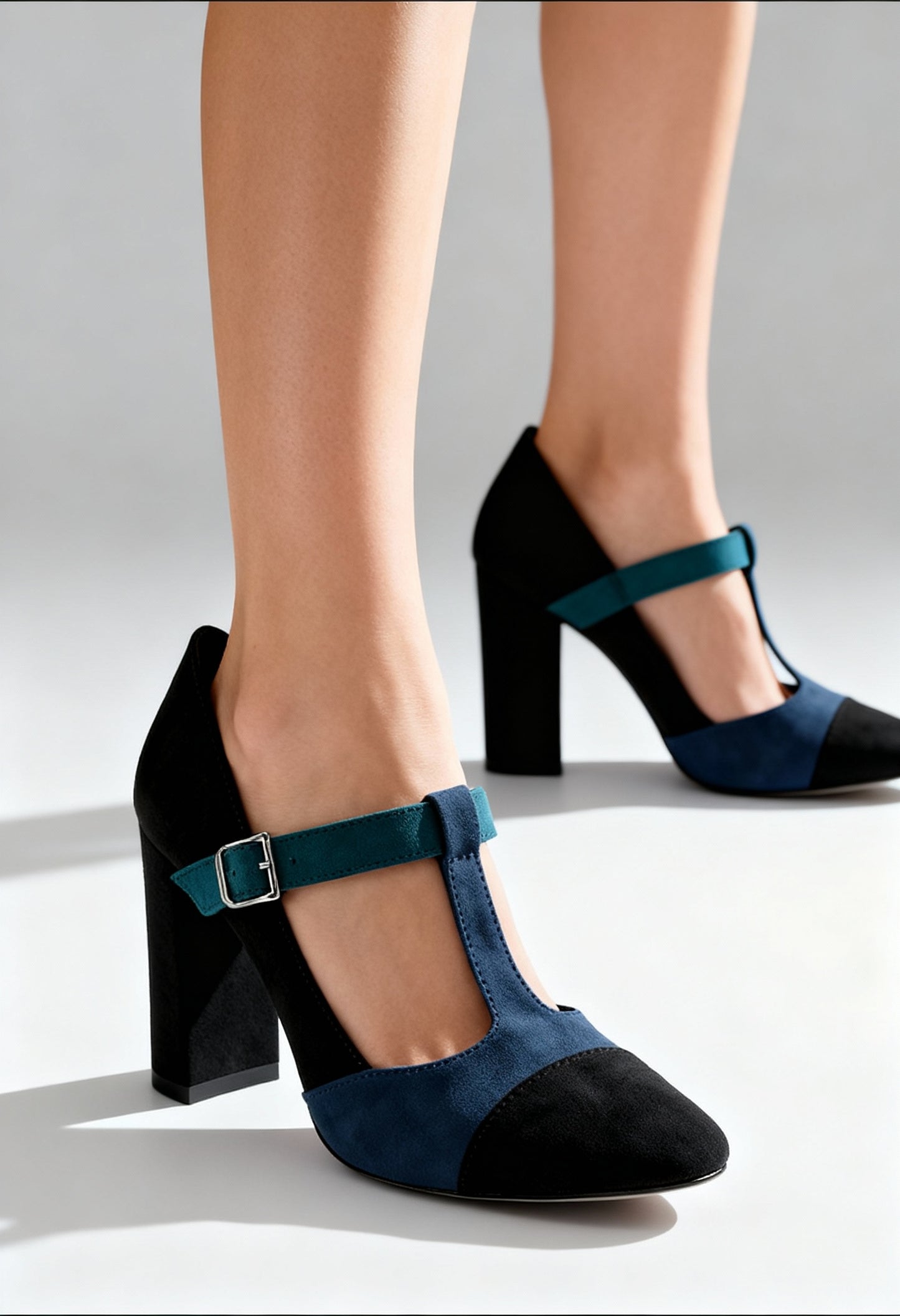 On-foot view of the Made in Italia GIORGIA two-tone block heel courts with teal buckle strap.