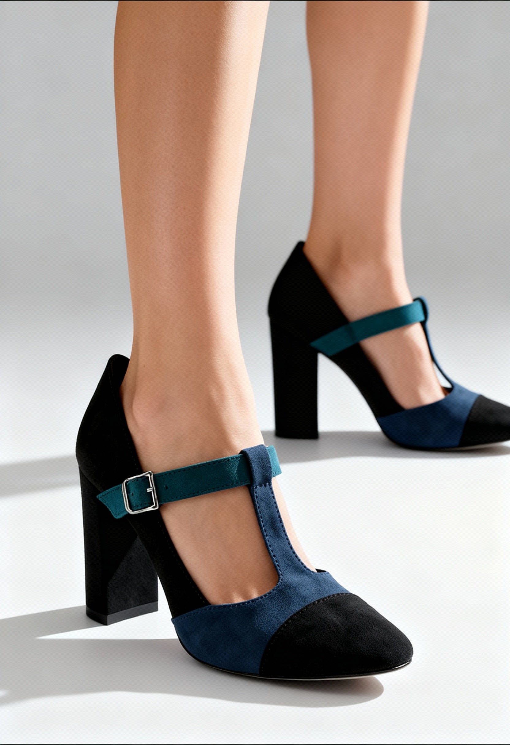On-foot view of the Made in Italia GIORGIA two-tone block heel courts with teal buckle strap.