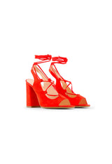 Full front pair view of the red LINDA lace-up block heel sandals.