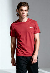 MCS 100% cotton men's t-shirt in red worn by model, short sleeves.
