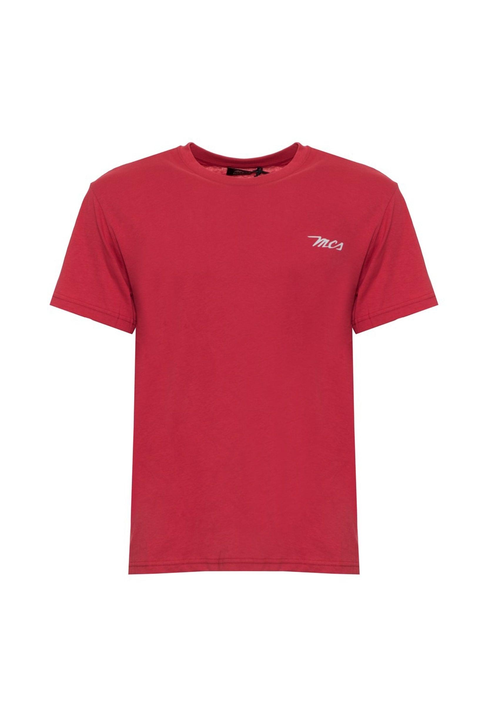 MCS red t-shirt flat lay view, highlighting the solid colour.