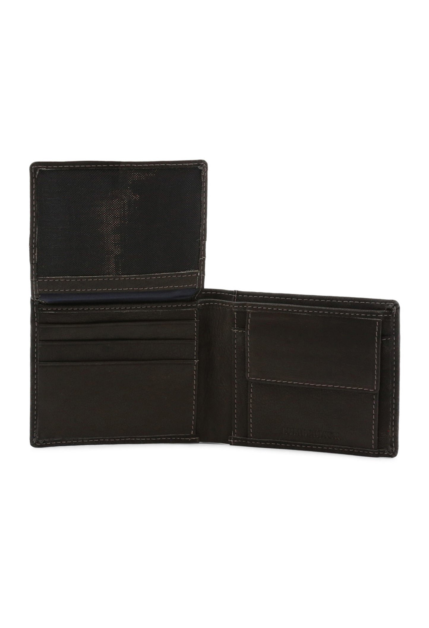 Men's bifold wallet open layout showing documents compartment and credit card slots.