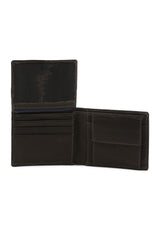 Men's bifold wallet open layout showing documents compartment and credit card slots.