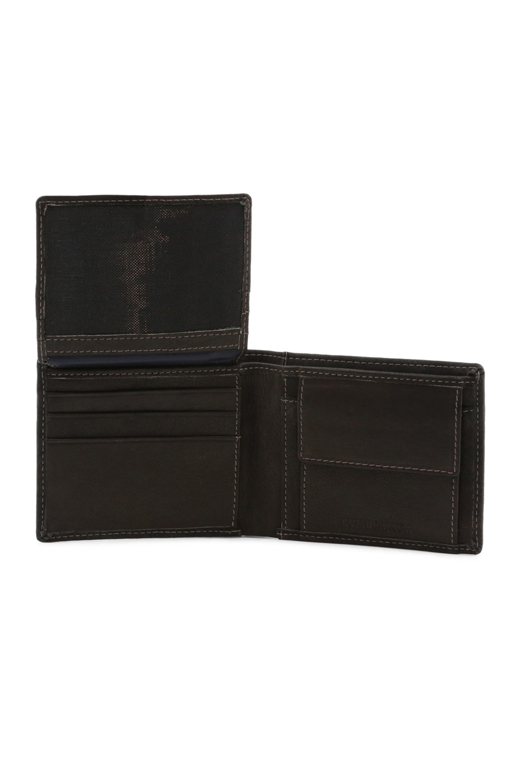 Men's bifold wallet open layout showing documents compartment and credit card slots.