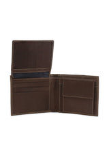 Men's bifold wallet open layout showing documents compartment and credit card slots.