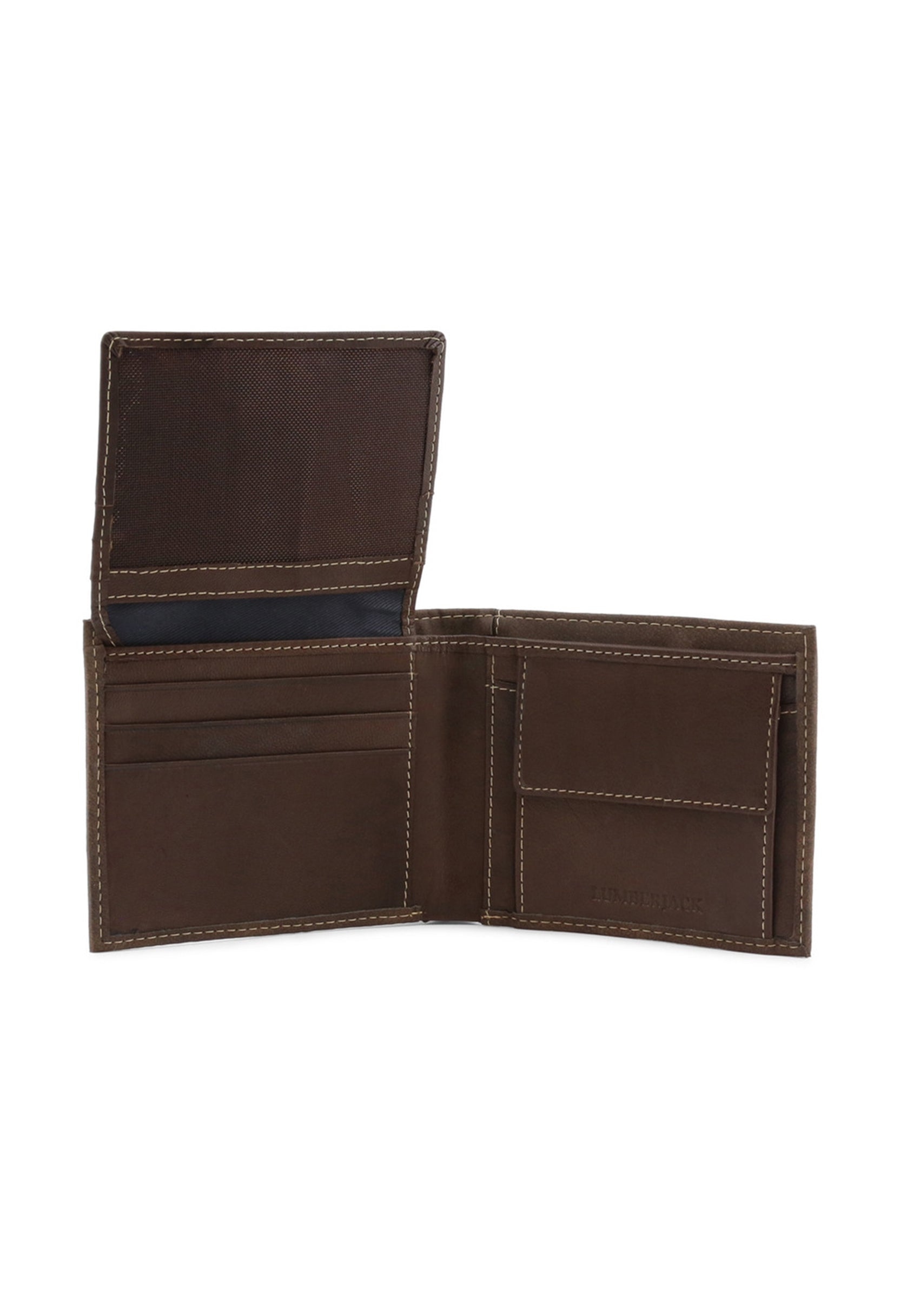Men's bifold wallet open layout showing documents compartment and credit card slots.