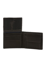 Men's leather blend wallet showing depth (2.5 cm) and compact size.