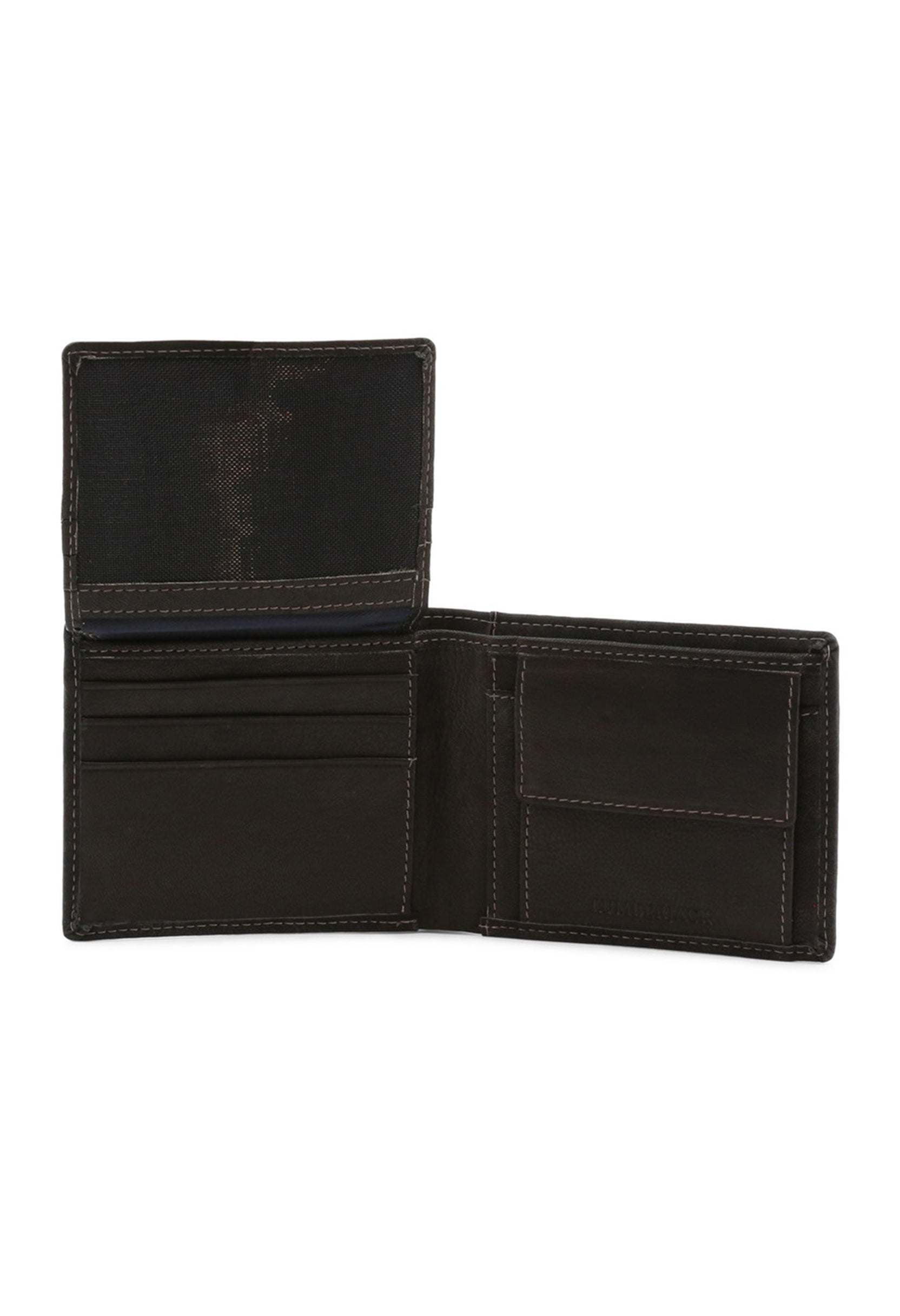 Men's leather blend wallet showing depth (2.5 cm) and compact size.