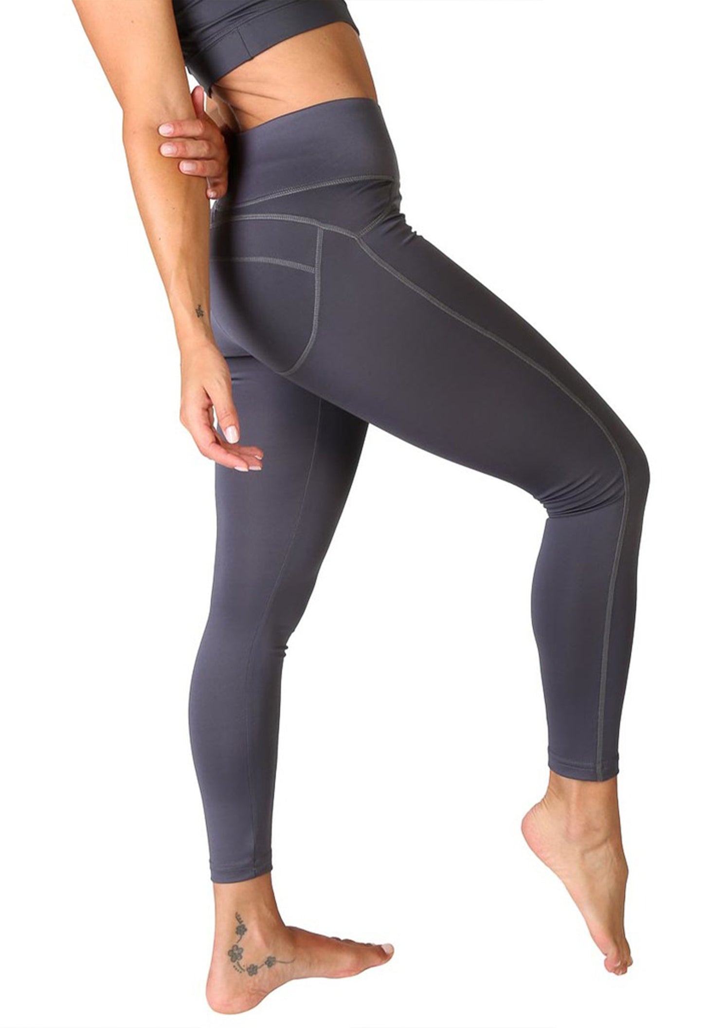 Microfiber elastane leggings in charcoal grey color variant, activewear style.