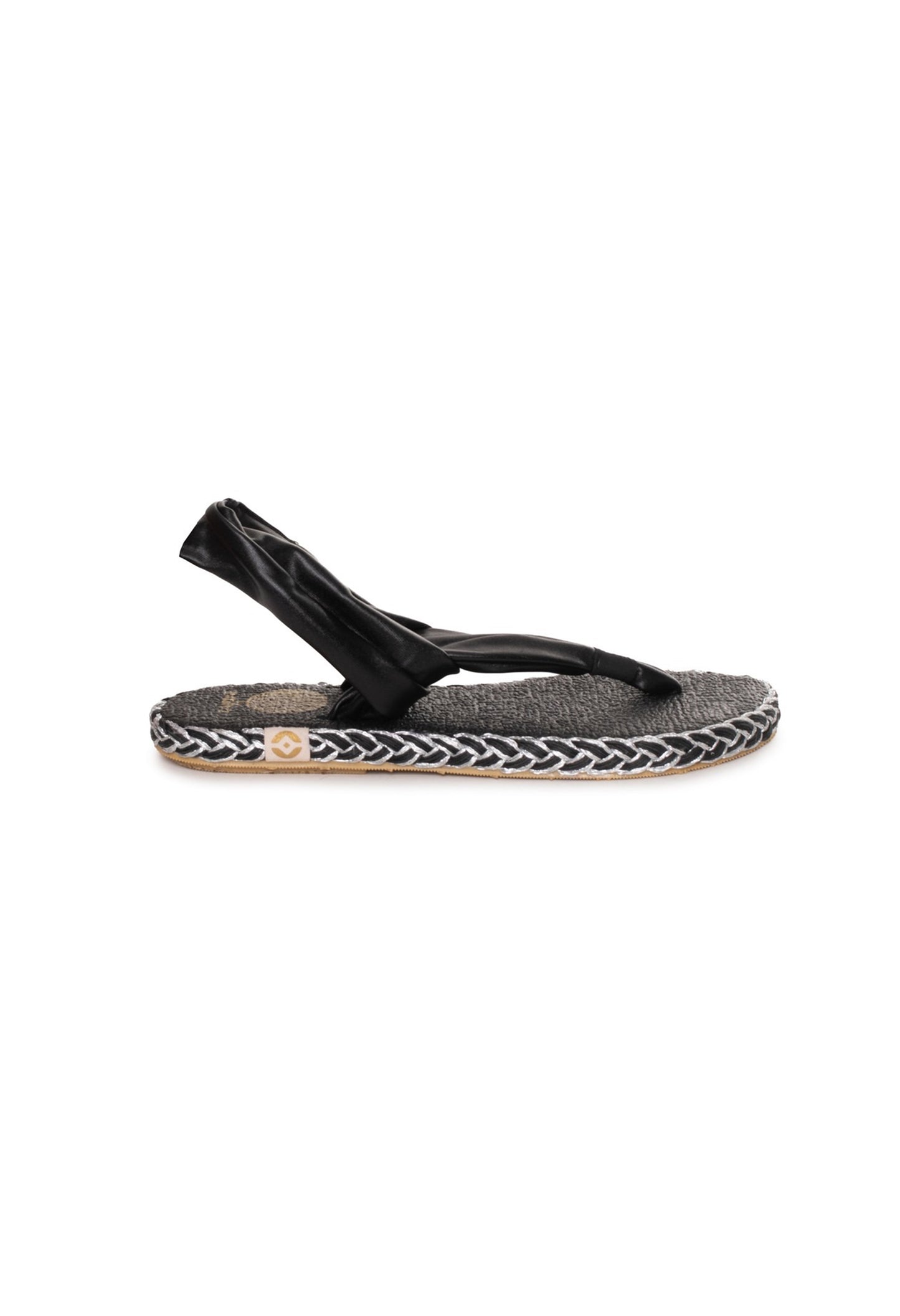 Side view of the black Nalho sling-back flip-flop sandals showing the braided midsole and fabric straps.