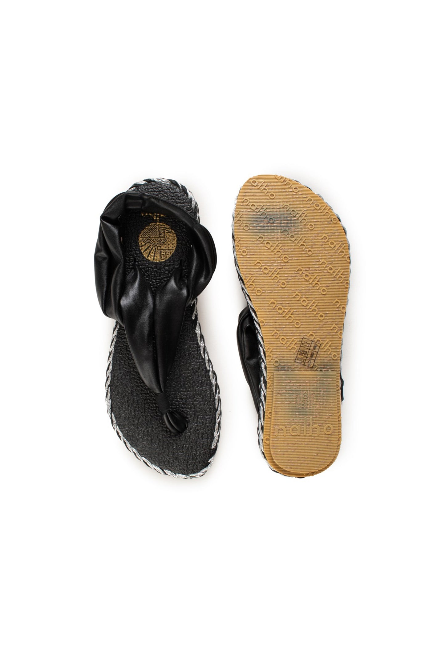 Top and bottom view of the Nalho flip-flop sandals showing the cushioned footbed and rubber outsole.