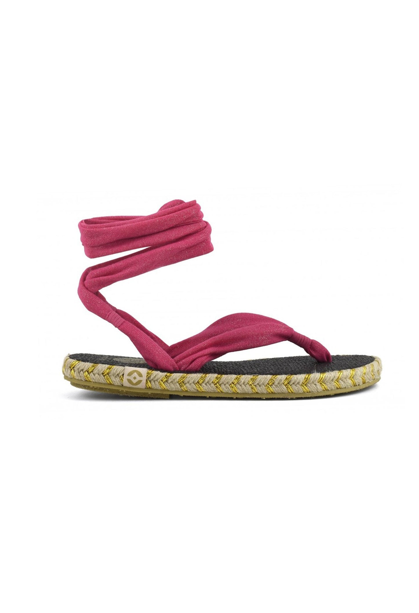 Side view of the pink Nalho wrap-strap flip-flop sandals showing the braided midsole and fabric straps.