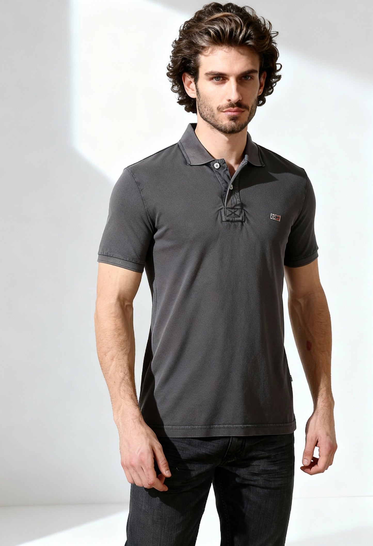 Front view of a brand-new grey Napapijri N0YHDX men's 100% cotton short sleeve polo shirt with visible logo.