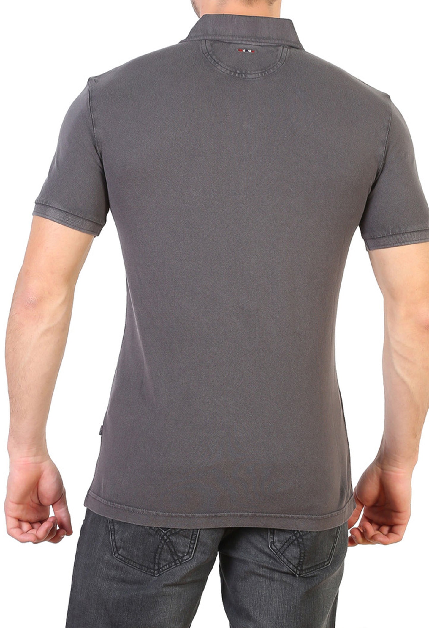 Back view of a regular fit grey Napapijri polo shirt for men showing the 100% cotton material and short sleeves.