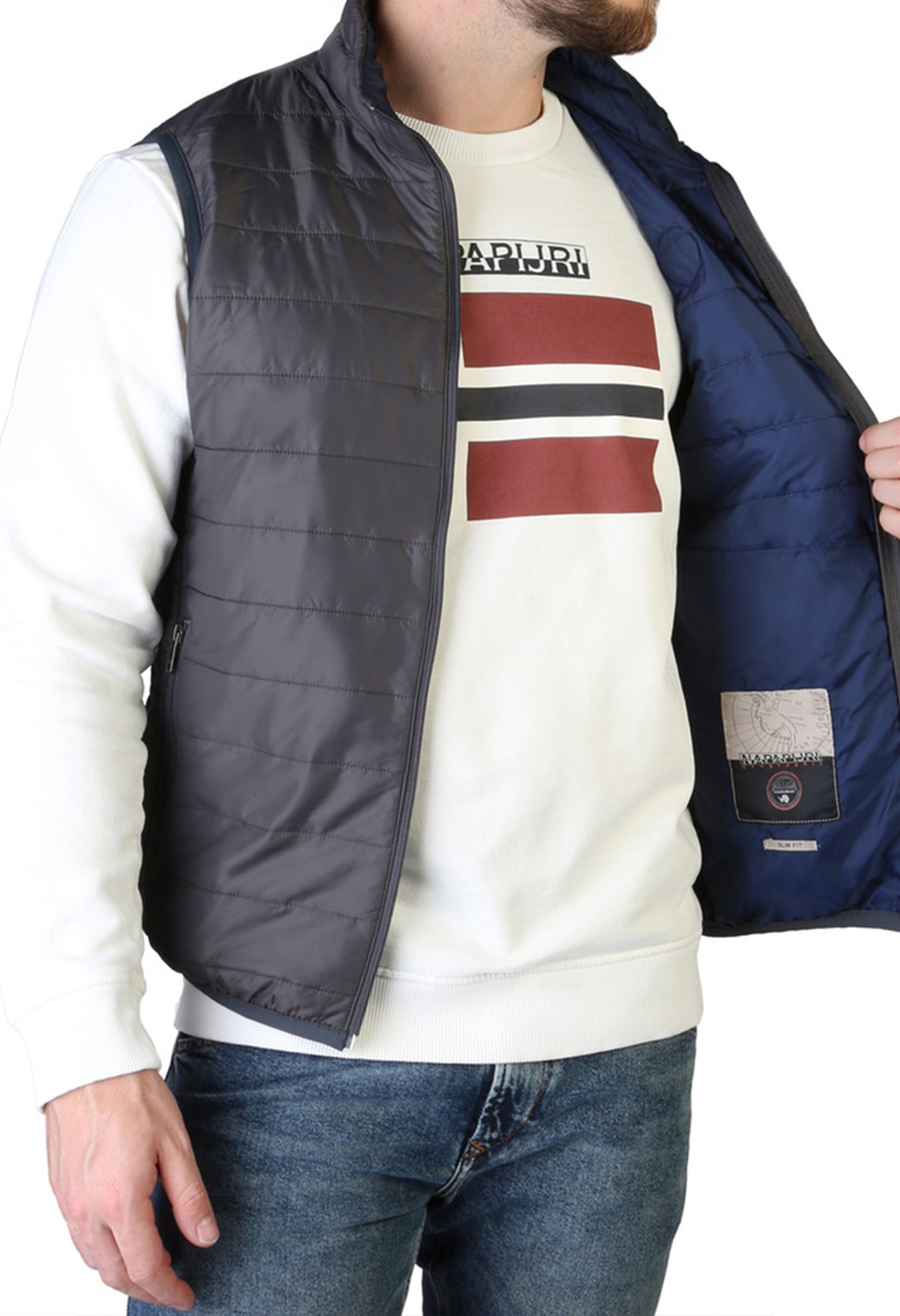 Napapijri quilted gilet internal lining view, showing navy blue interior.