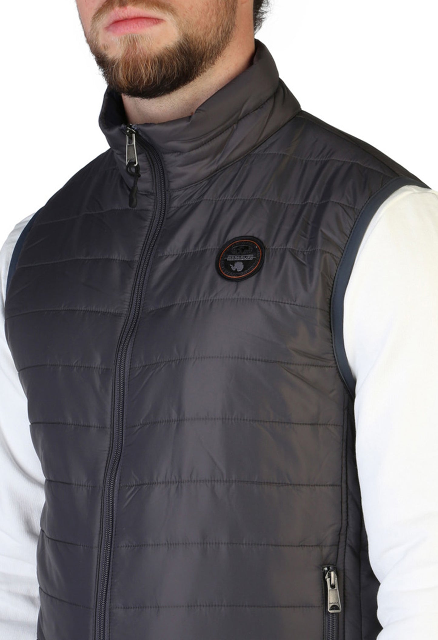Napapijri slim fit sleeveless jacket, close-up of collar, zip, and logo detail.