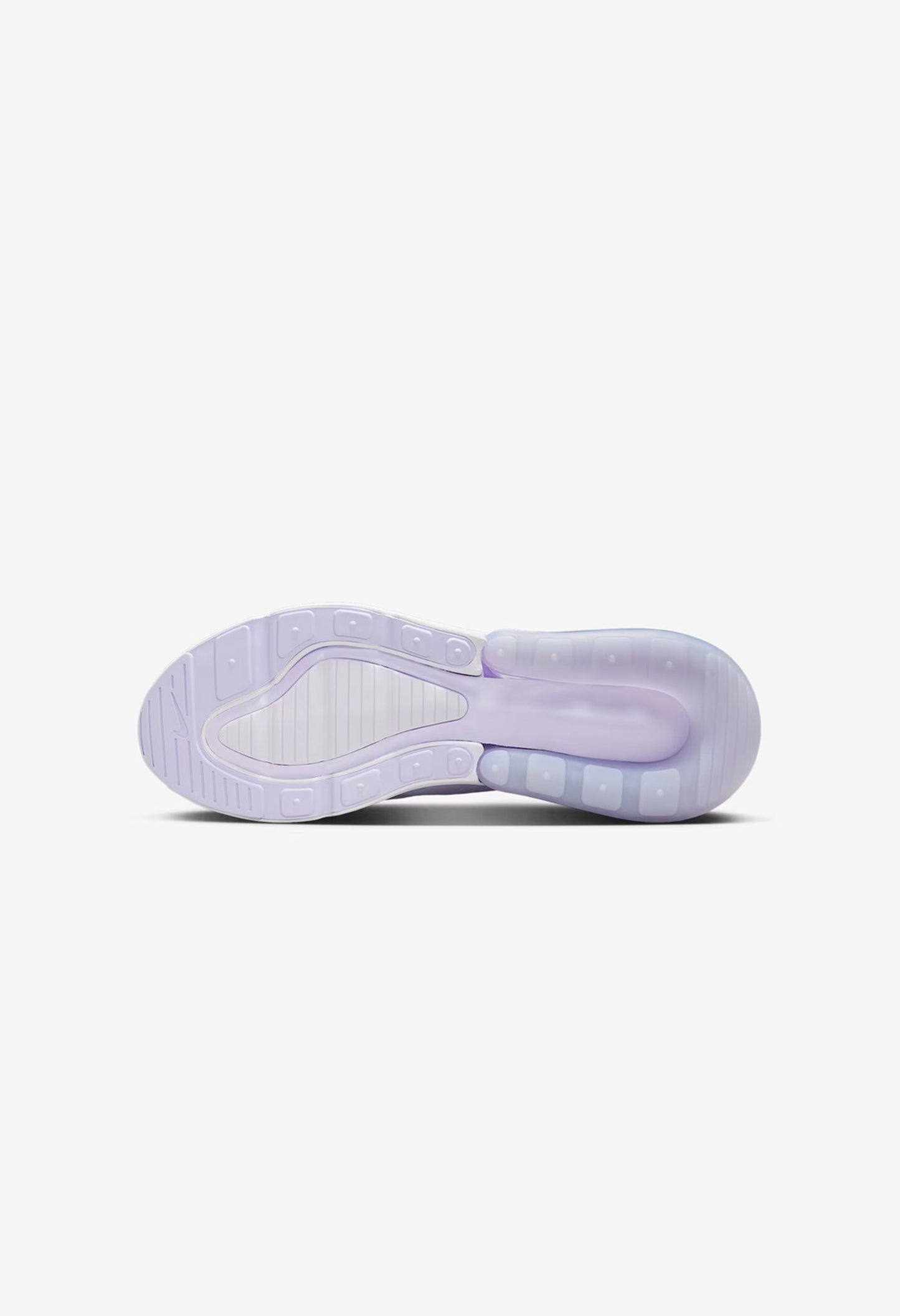 Lavender rubber outsole and traction pattern of the Nike Air Max 270 sneakers.
