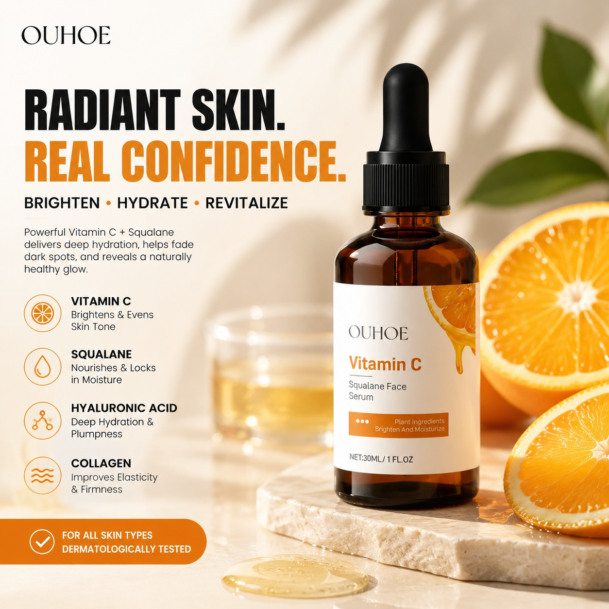 OUHOE Vitamin C Squalane Face Serum 30ml with Hyaluronic Acid and Collagen for Brightening Hydration and Glowing Skin