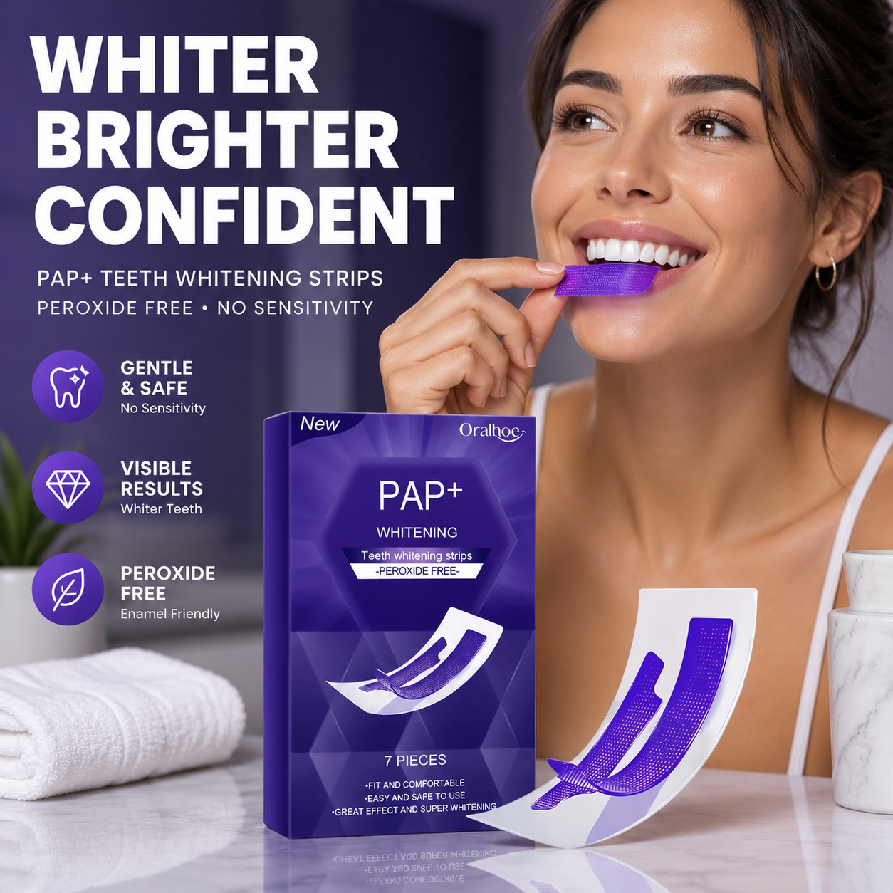 PAP+ Teeth Whitening Strips Peroxide Free lifestyle product photo featuring a woman applying whitening strips with the Oralhoe PAP+ 7-piece teeth whitening kit for sensitive teeth and enamel-safe whitening.