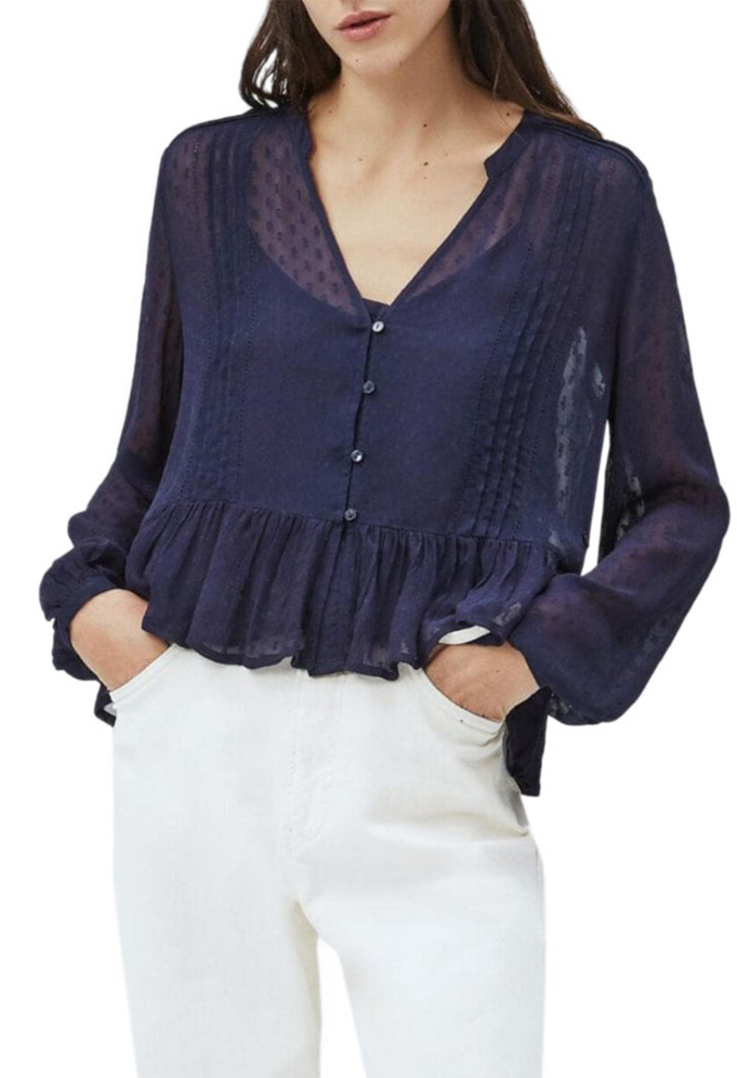 Front view of the navy Pepe Jeans ARVANA blouse worn by a model with V-neck and ruffled hem.