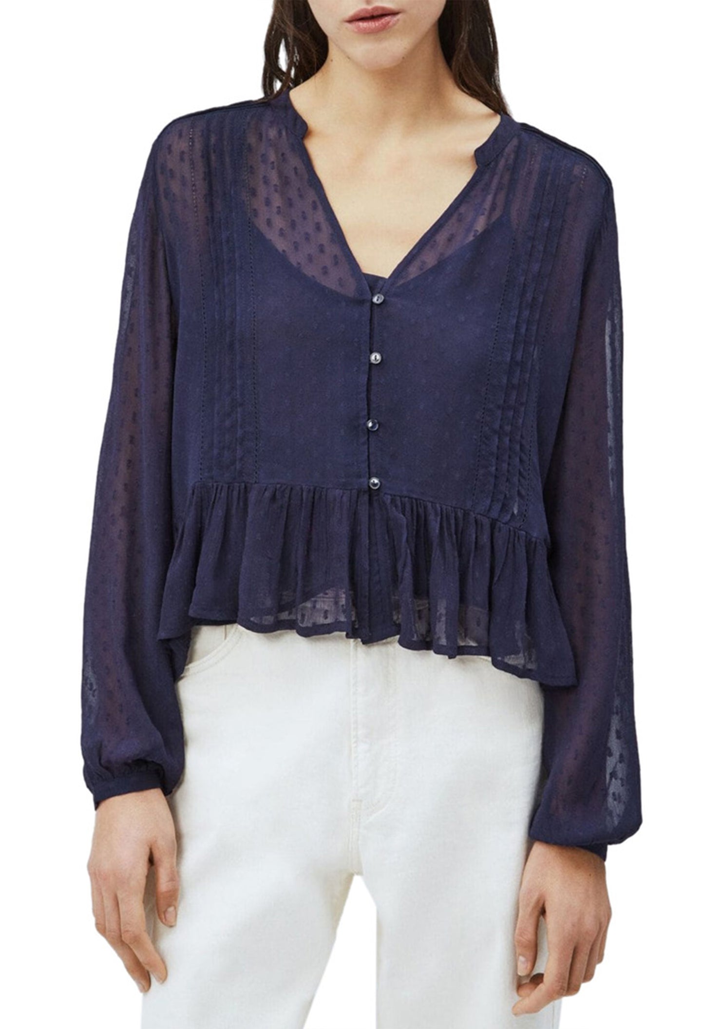 Full-length front view of the Pepe Jeans ARVANA navy blouse showing button-down front and sheer sleeves.