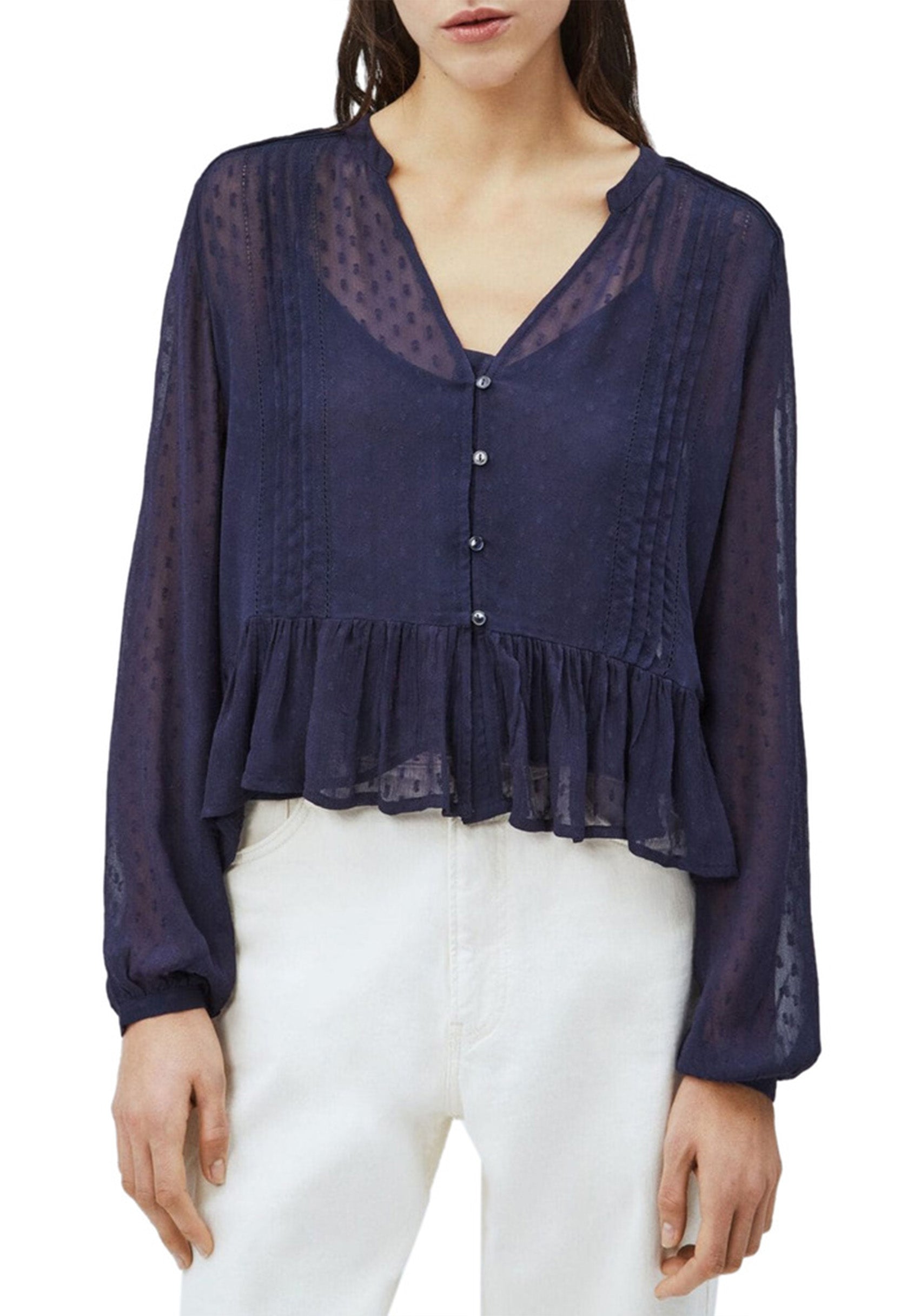 Full-length front view of the Pepe Jeans ARVANA navy blouse showing button-down front and sheer sleeves.