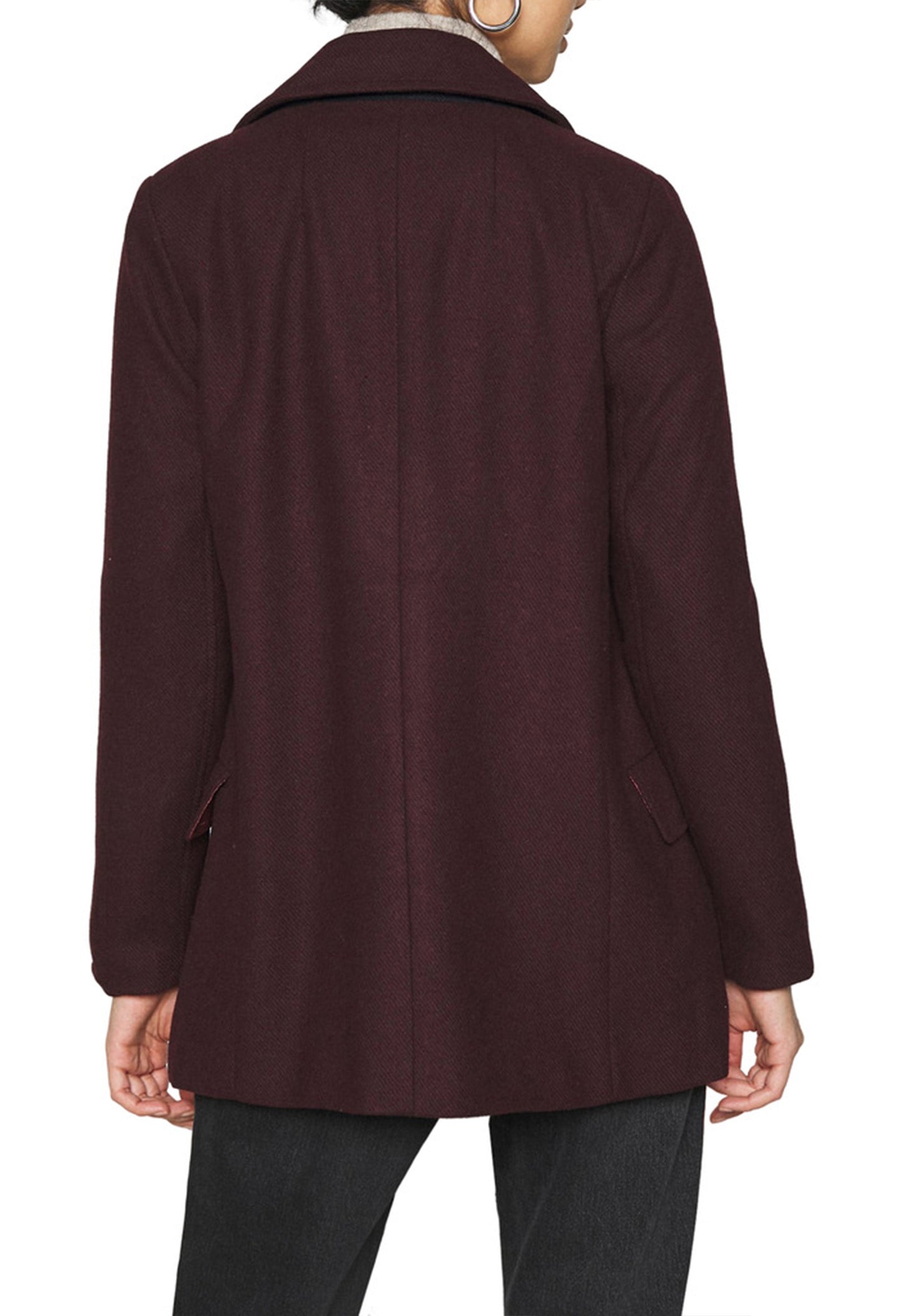 Back view of the burgundy Pepe Jeans LEYRE coat showing its tailored silhouette.
