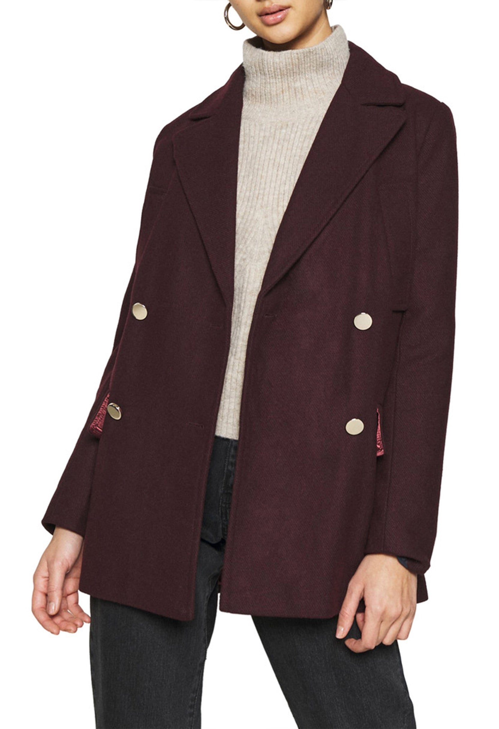 Front view of the Pepe Jeans LEYRE wool-blend coat worn by a model, showing double-breasted buttons and structured lapels.