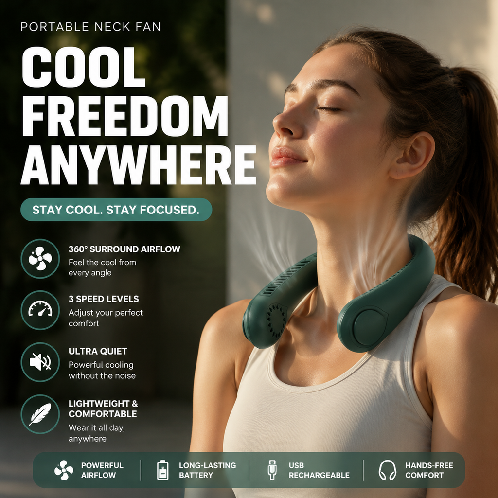 Portable Neck Fan USB Rechargeable Wearable Fan with 3 Speed Cooling and Hands-Free Personal Air Conditioner
