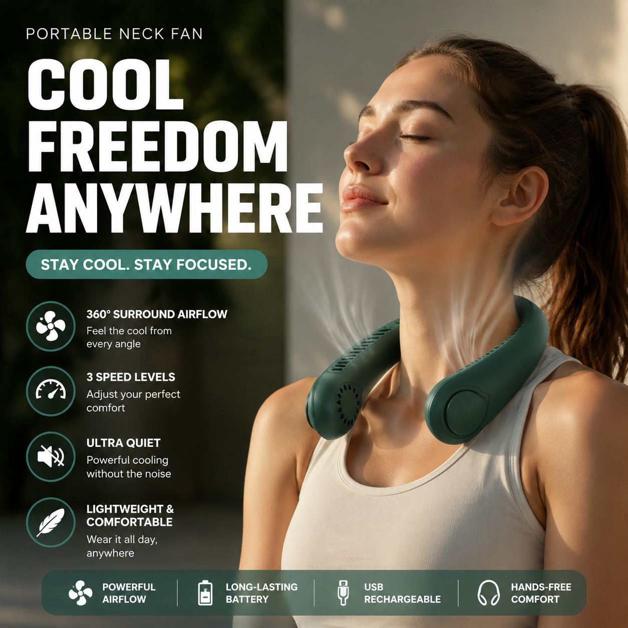 Portable Neck Fan USB Rechargeable Wearable Fan with 3 Speed Cooling and Hands-Free Personal Air Conditioner
