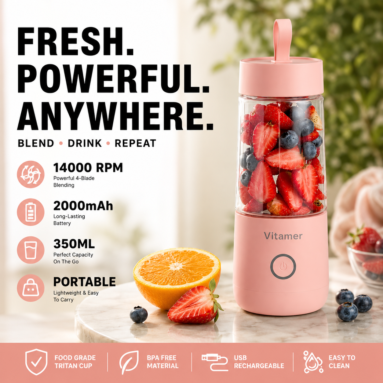 Portable USB Blender 350ml with Tritan cup, 14000 RPM motor, and 2000mAh rechargeable battery displayed in a premium lifestyle setting with fresh strawberries, blueberries, and oranges for healthy smoothies on the go.