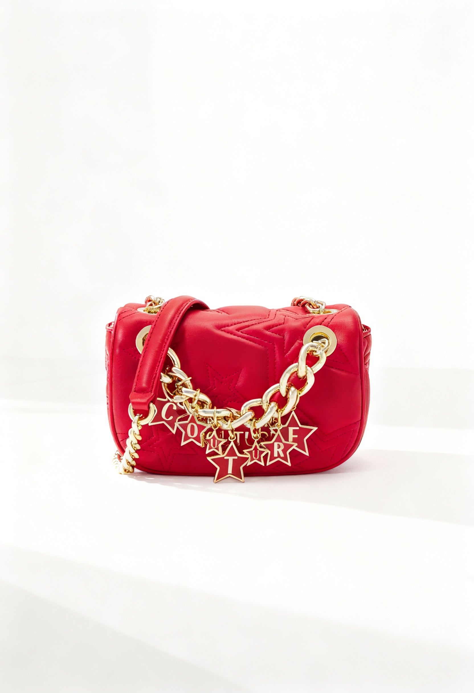 Front display of the women’s red Versace Jeans crossbody bag with gold chain detail.