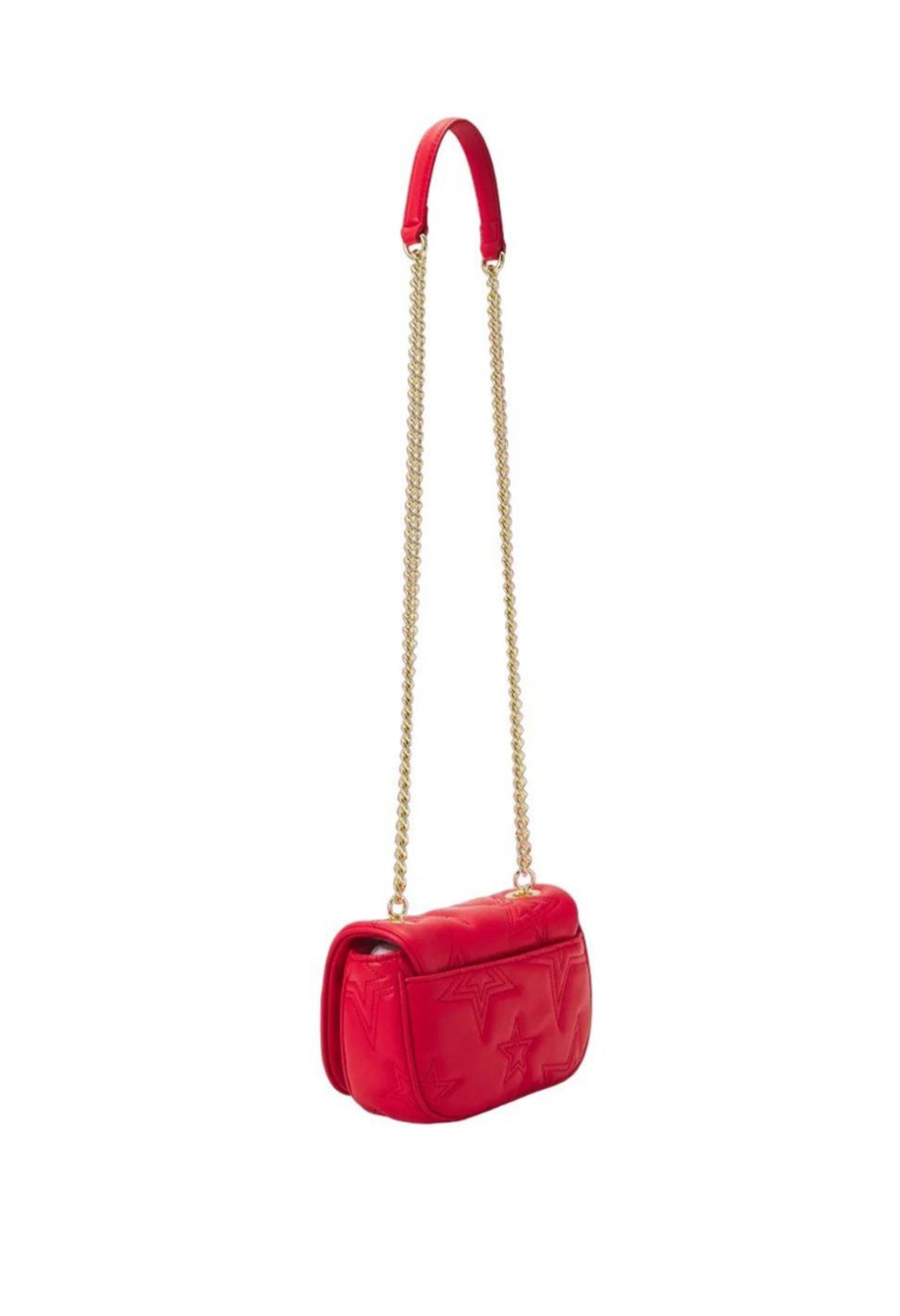 Full front shot of the red women’s crossbody bag with quilted texture and gold accents.