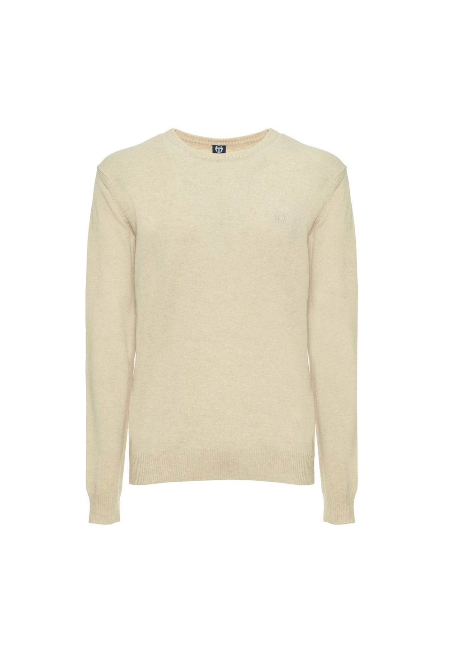 Sergio Tacchini beige 100% wool sweater, flat lay back view showing ribbed hem.