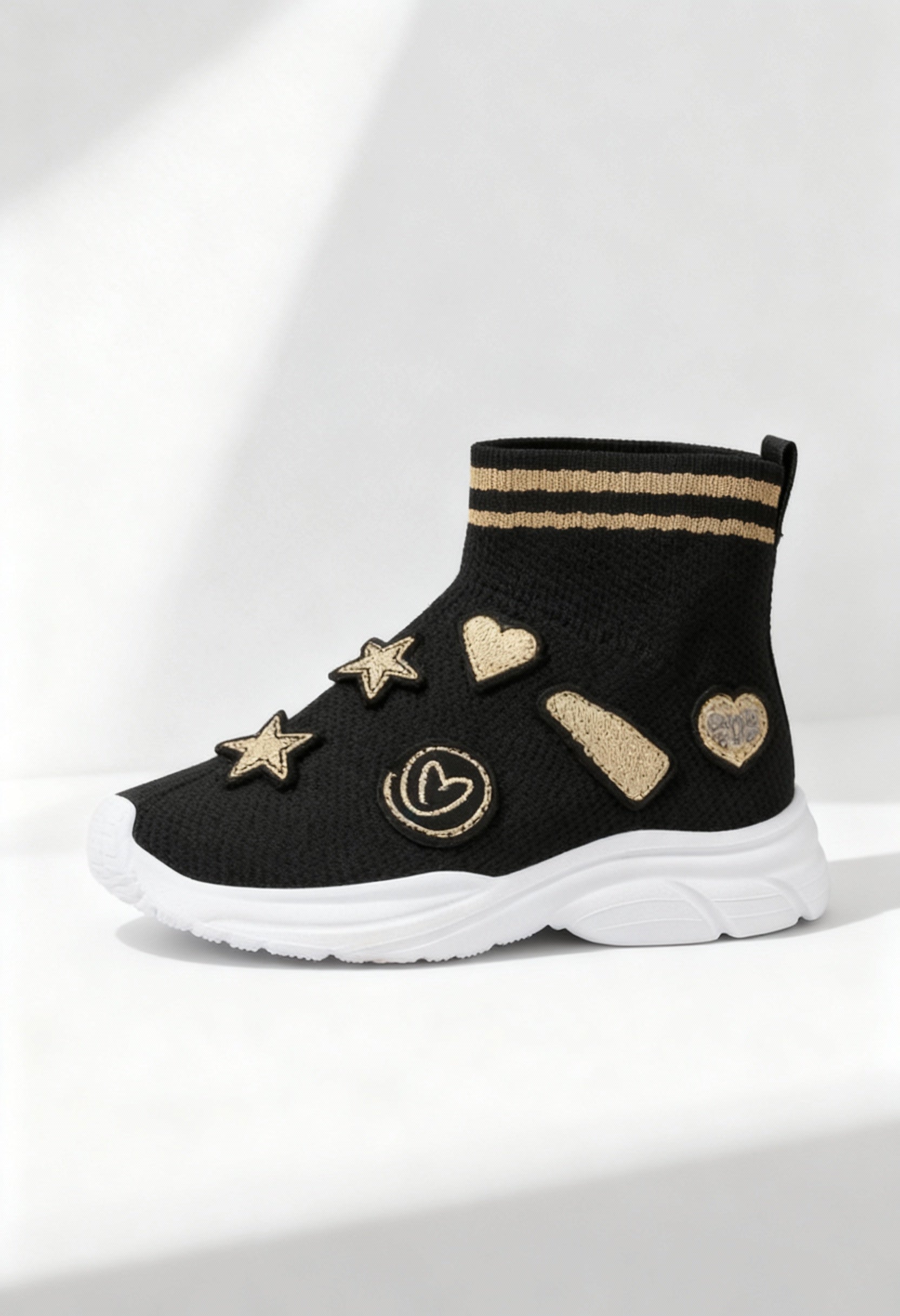 Shone 1601 kids' glitter star sock sneaker in black and gold, high-top style.