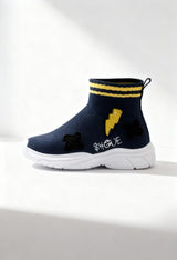 Shone 1601 kids' lightning bolt sock sneaker, navy high-top style, thick white sole.