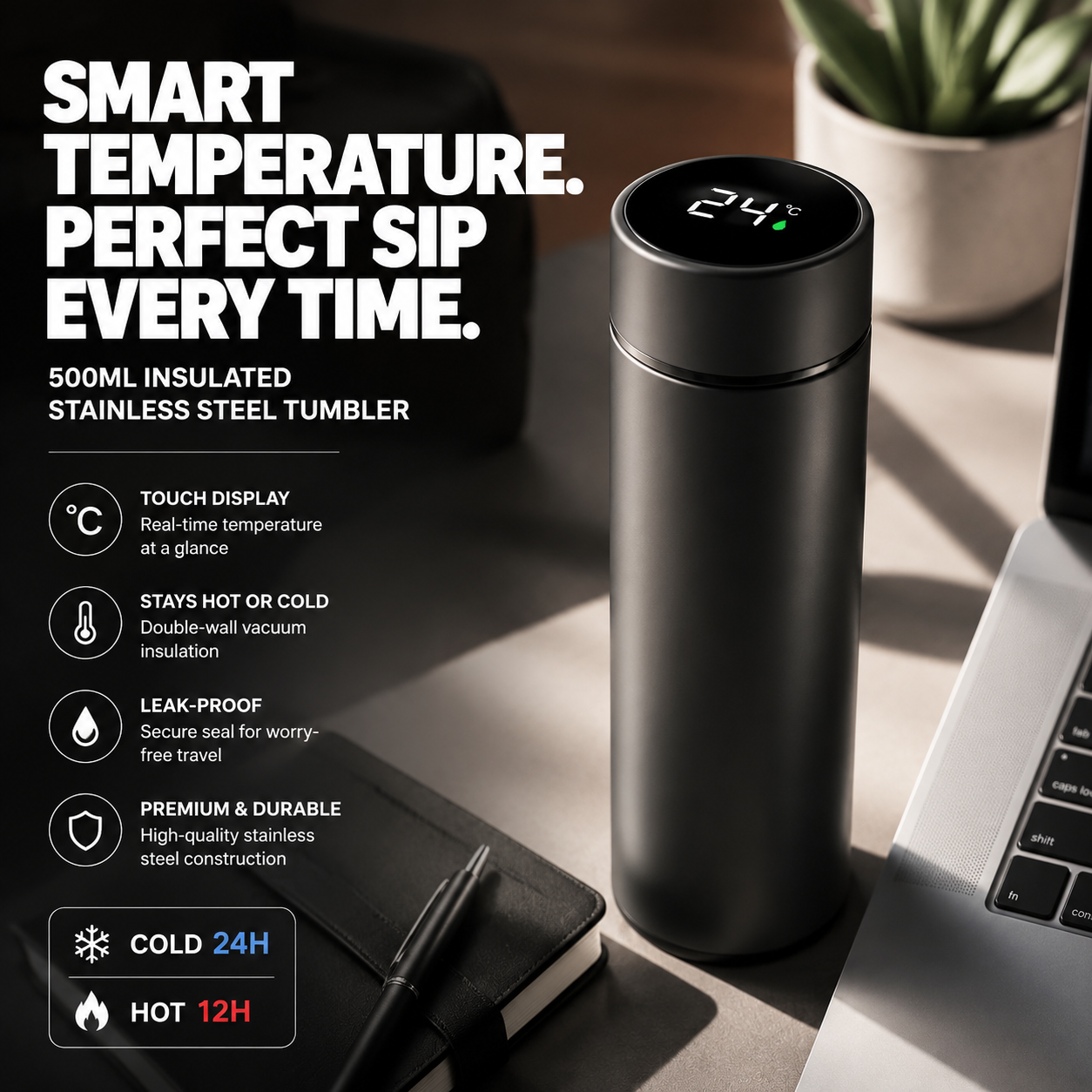 500ml smart temperature display tumbler made from insulated stainless steel, featuring a digital LED temperature display, leak-proof design, and premium matte black finish for hot and cold drinks.