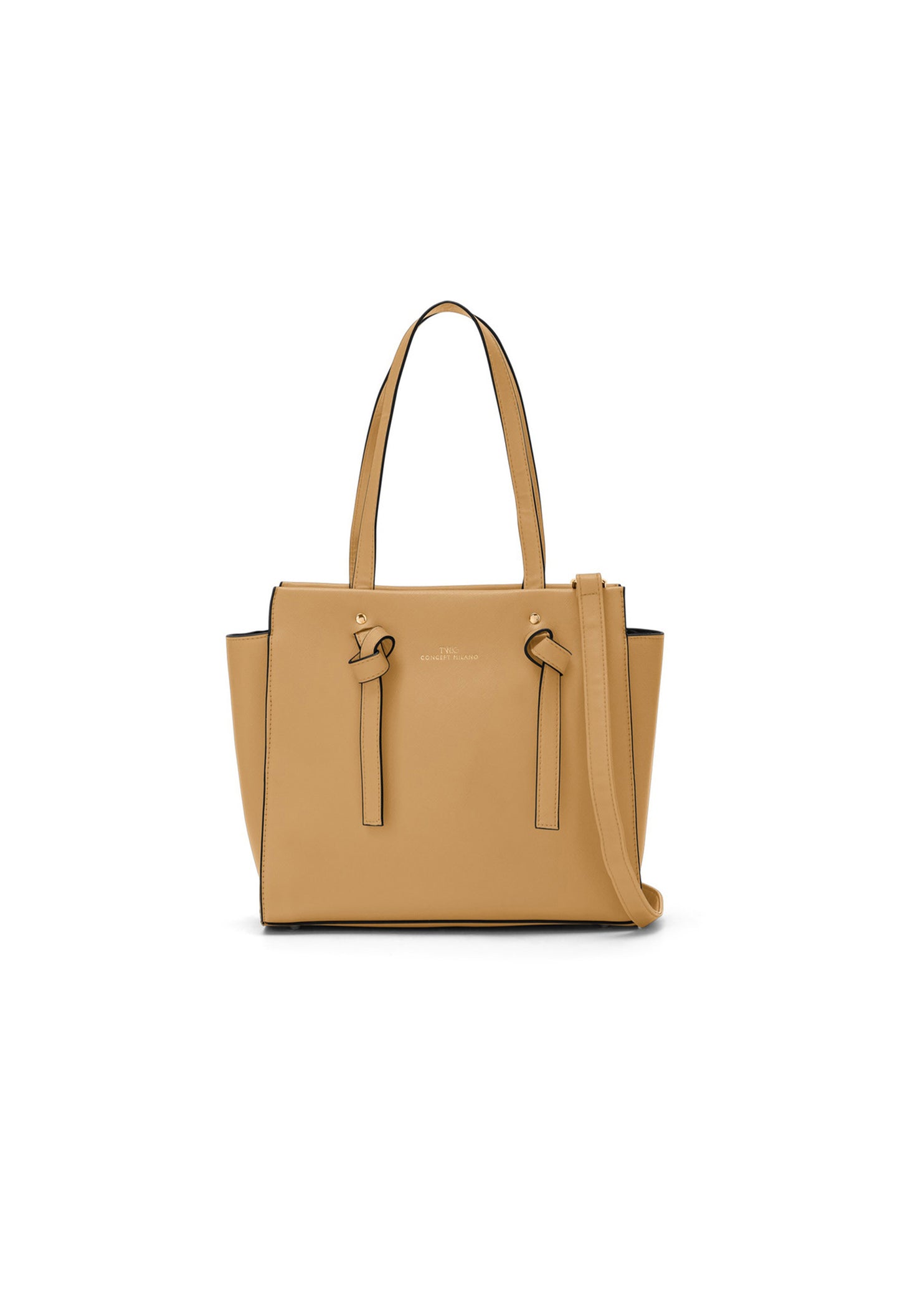 Full front view of the beige Twig Debussy shoulder bag showing its clean, minimalist design.