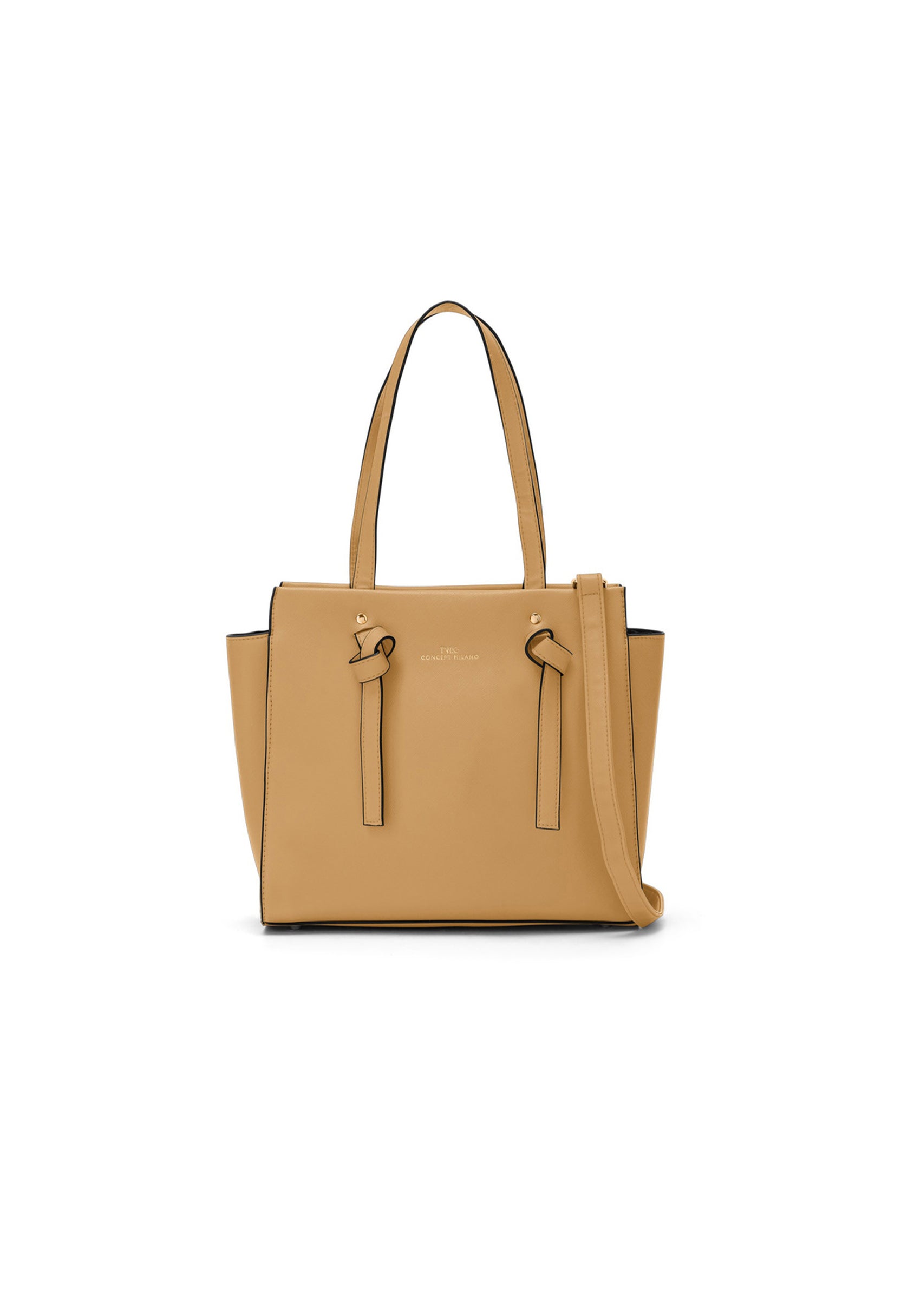 Full front view of the beige Twig Debussy shoulder bag showing its clean, minimalist design.