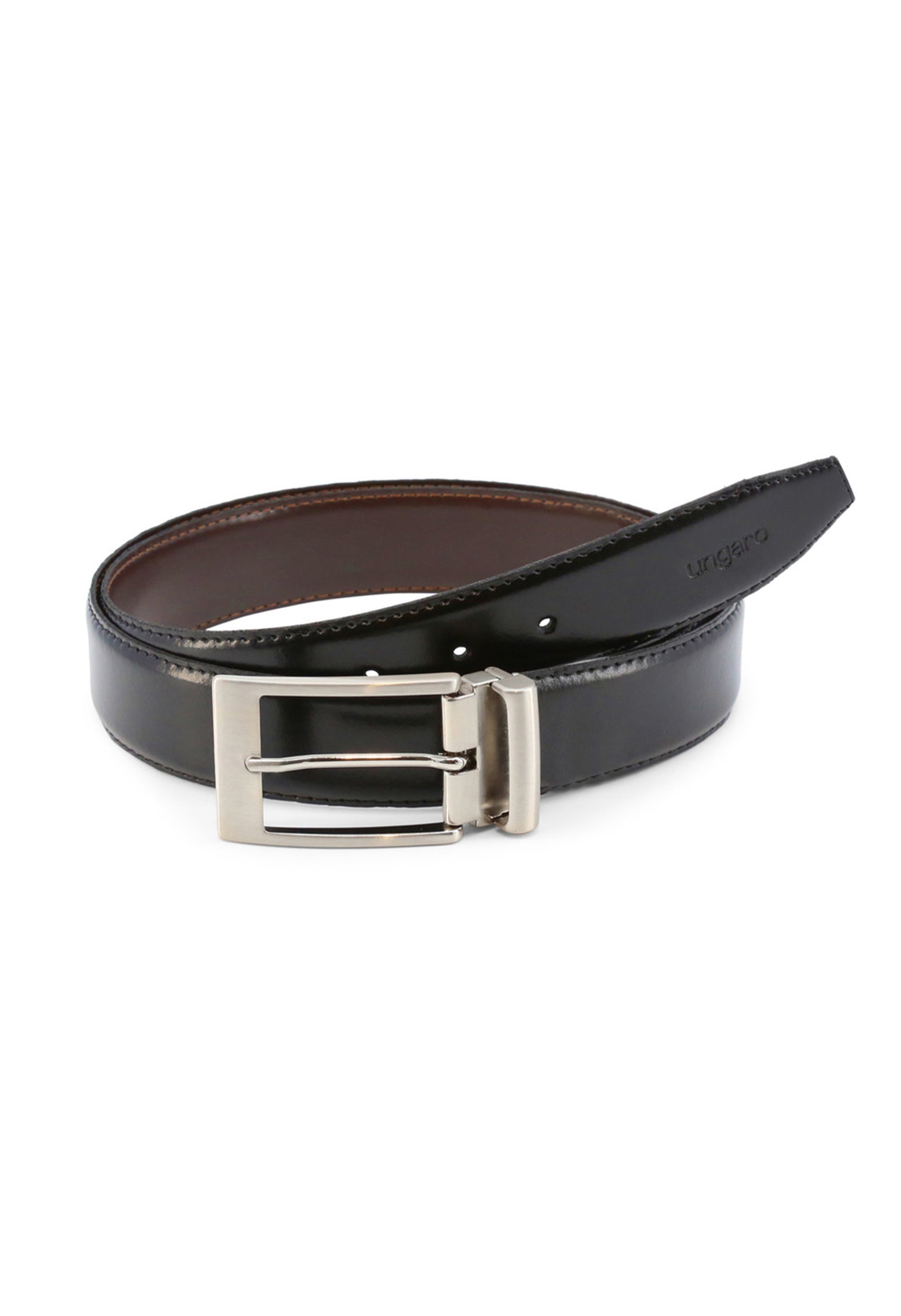 Ungaro Italian design reversible belt, showing the brown reverse side and leather texture.