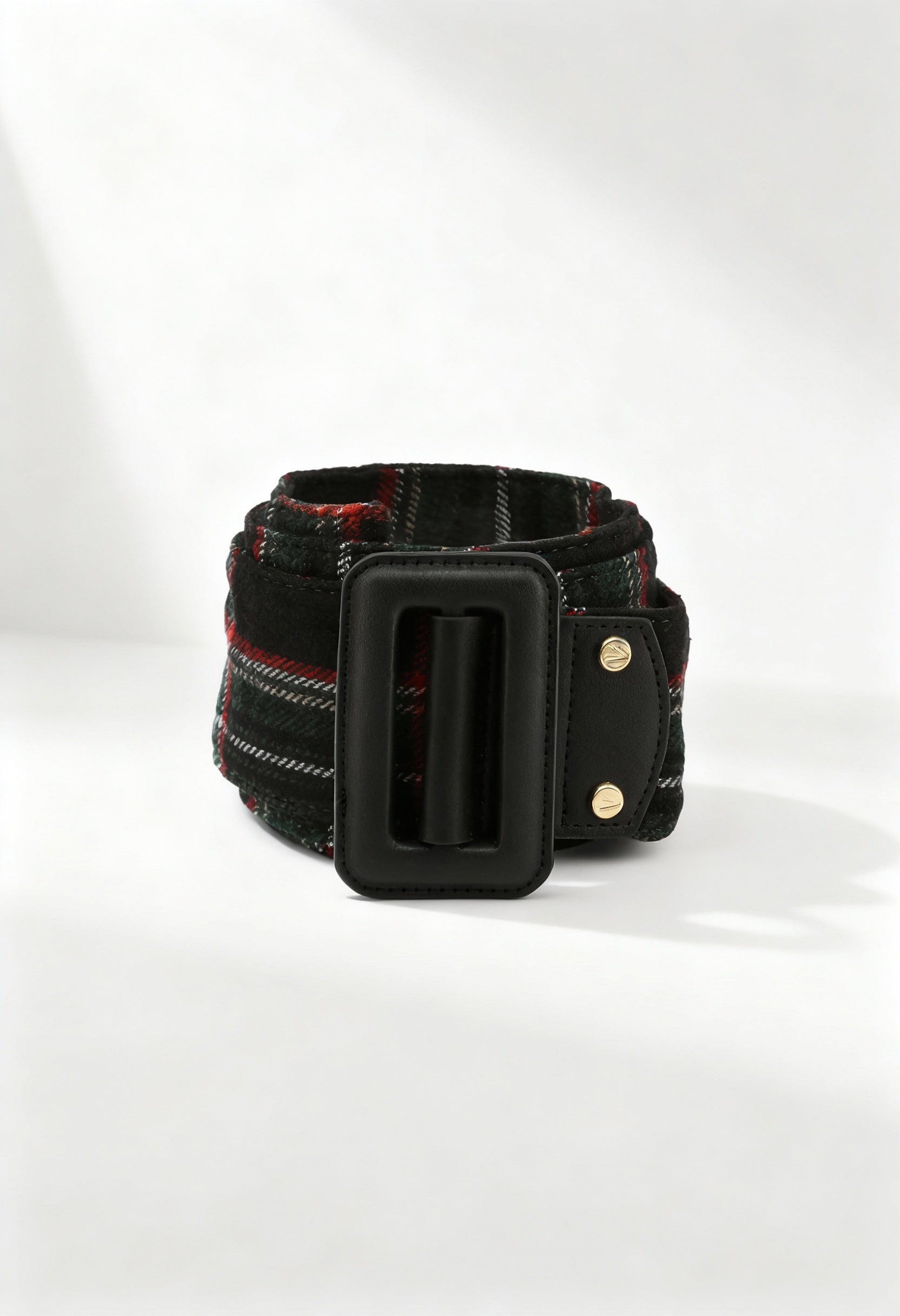 Studio view of the black tartan variation of the Valentino by Mario Valentino ALIEN-VCS2DO56T belt.